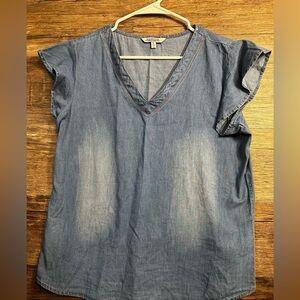 New Directions Blue Denim Boxy Flutter Sleeve Top